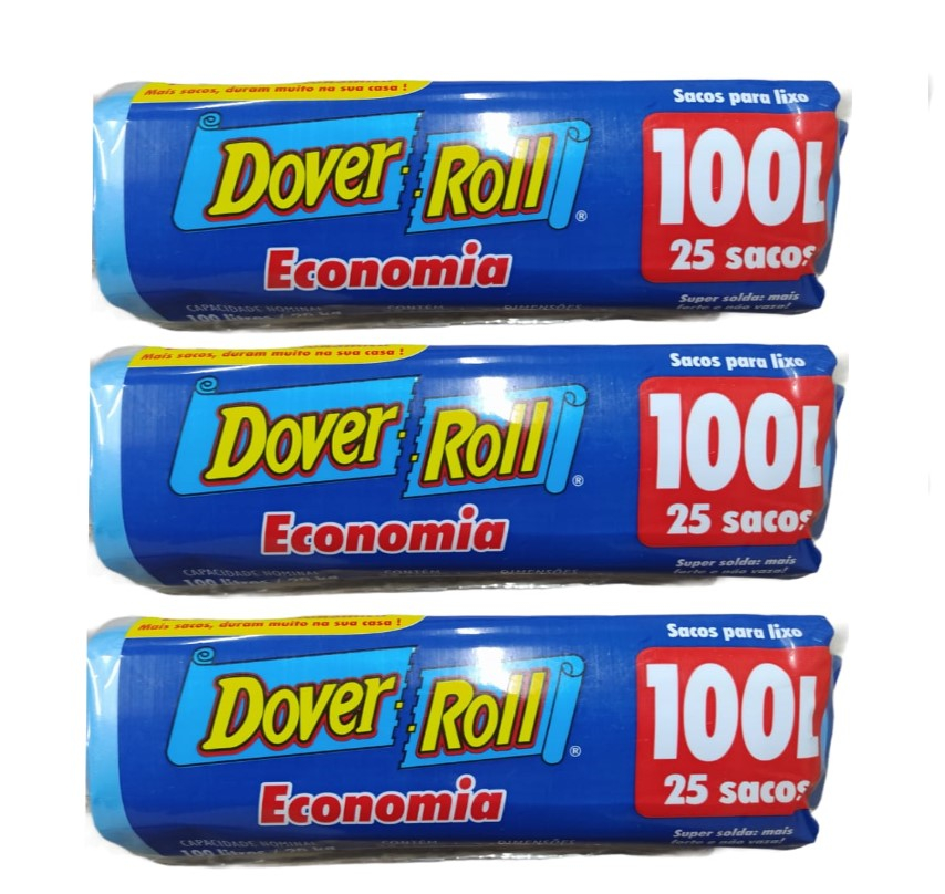 Saco Para Lixo Dover Roll Economia 100L Azul 25Un Kit Com 03