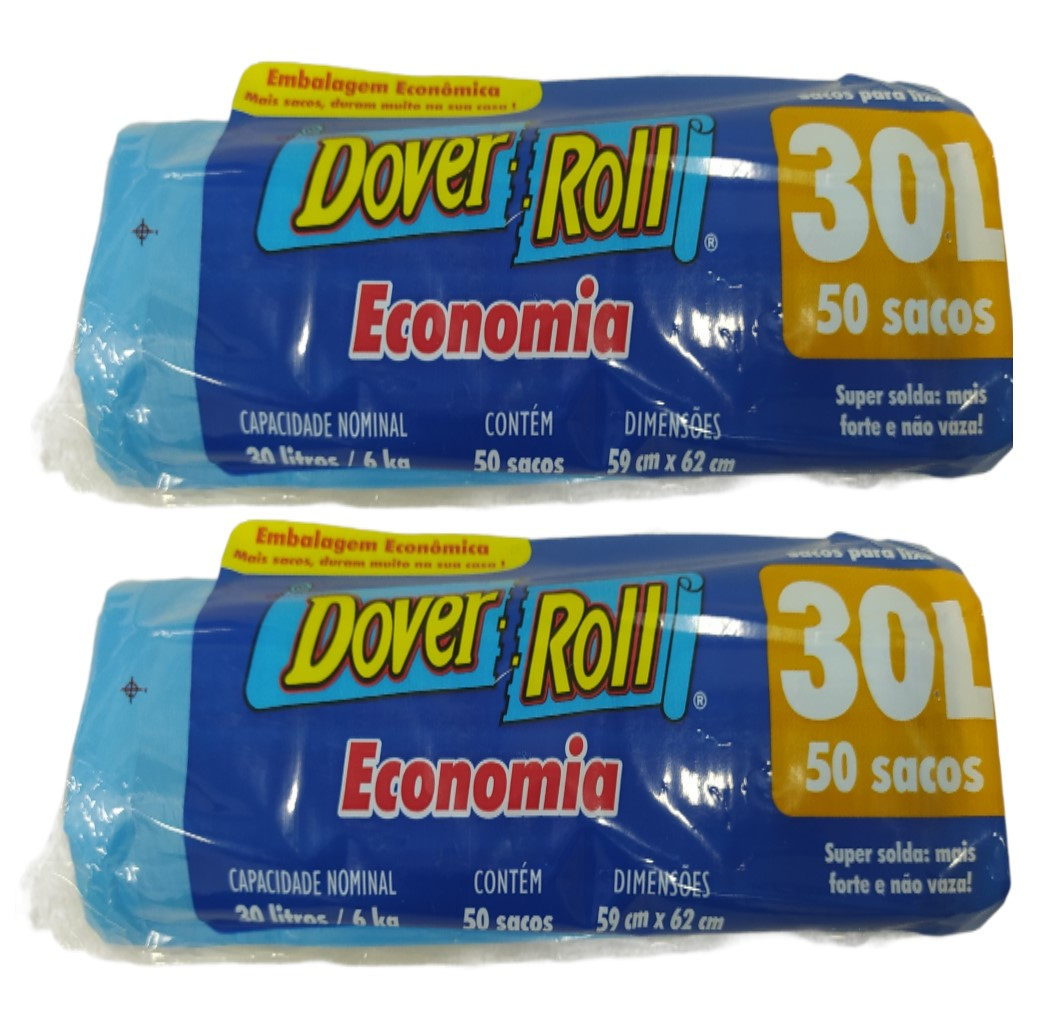 Saco Para Lixo Dover Roll Economia 30L Azul 50 Un Kit Com 02