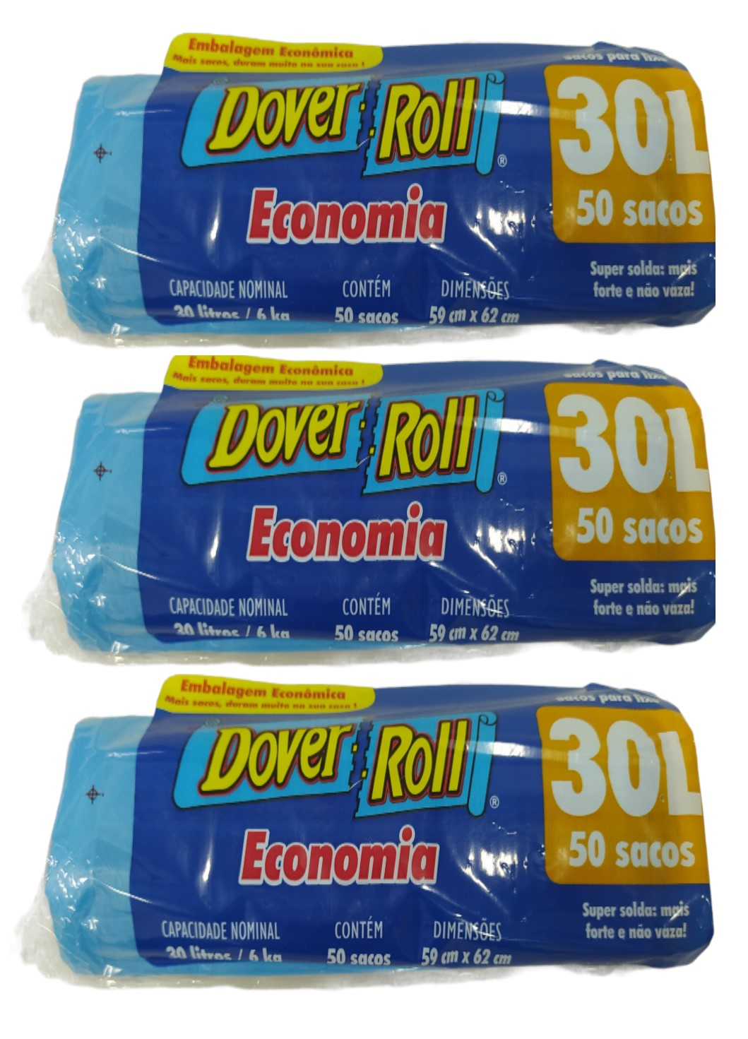 Saco Para Lixo Dover Roll Economia 30L Azul 50 Un Kit Com 03