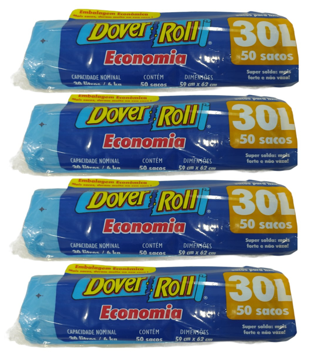 Saco Para Lixo Dover Roll Economia 30L Azul 50 Un Kit Com 04