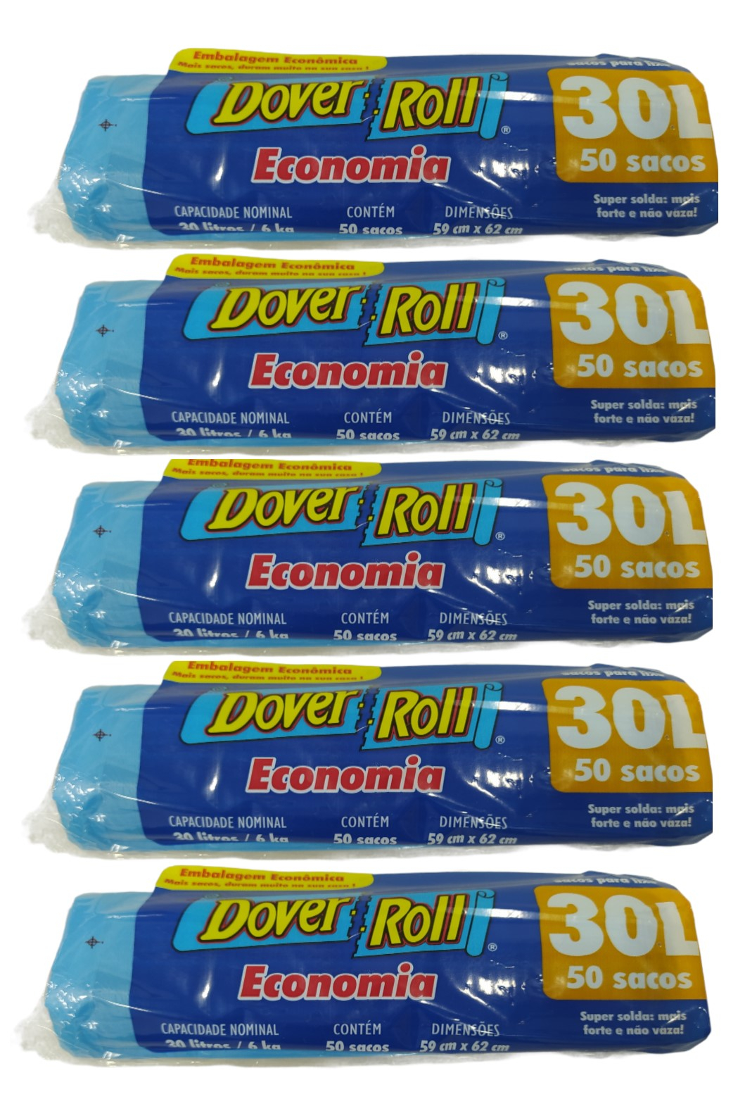 Saco Para Lixo Dover Roll Economia 30L Azul 50 Un Kit Com 05