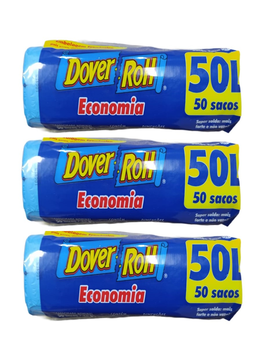 Saco Para Lixo Dover Roll Economia 50L Azul 50 Un Kit Com 03