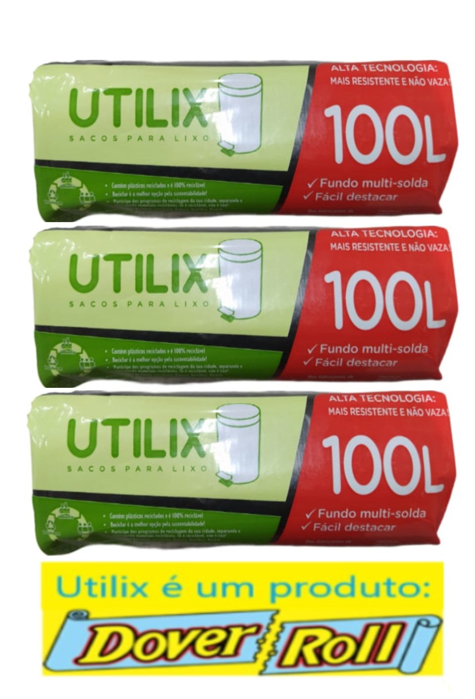 Sacos Para Lixo Utilix Dover Roll 100L Preto 25Un Kit Com 03