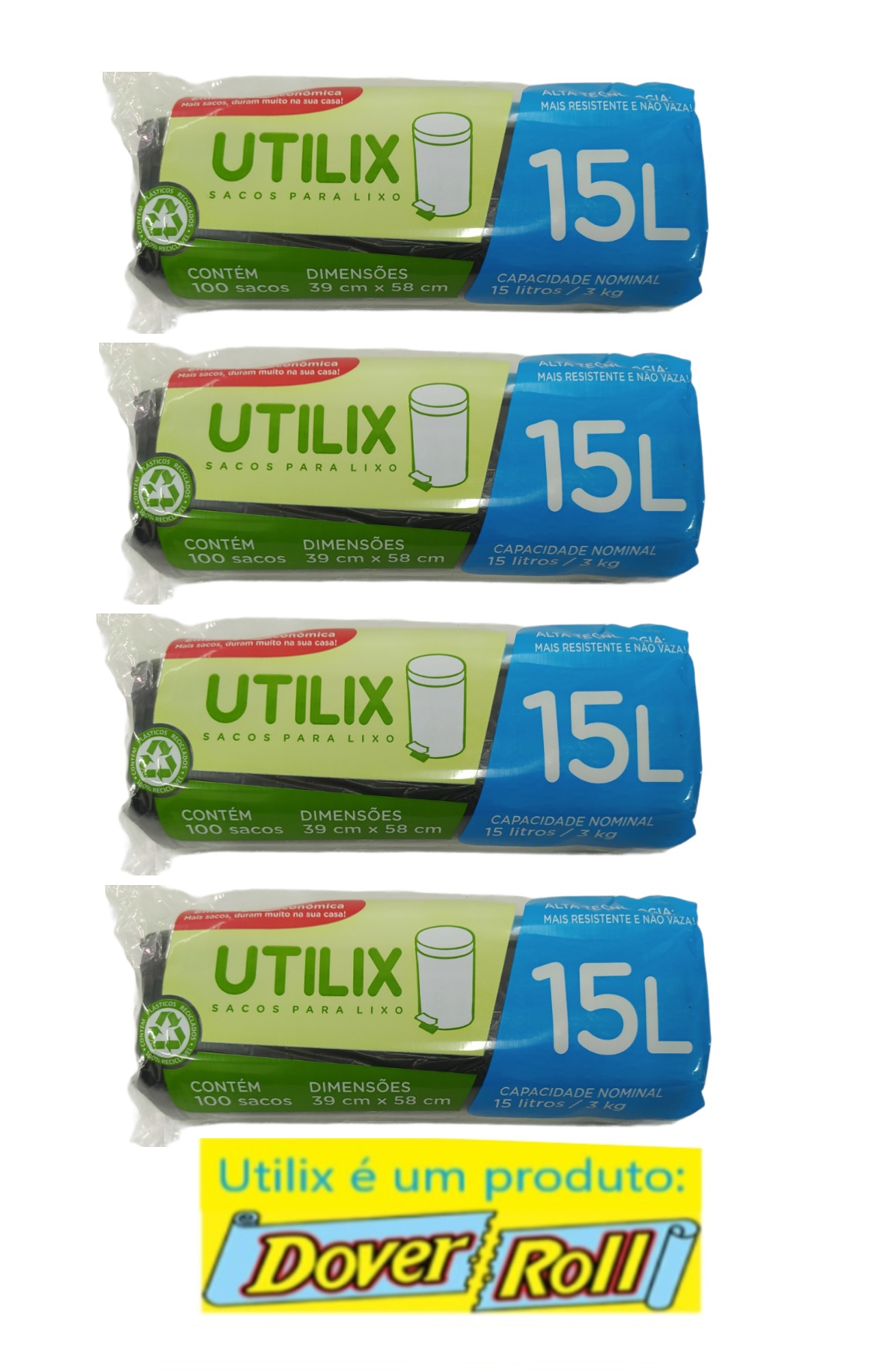 Sacos Para Lixo Utilix Dover Roll 15L Preto 100Un Kit Com 04