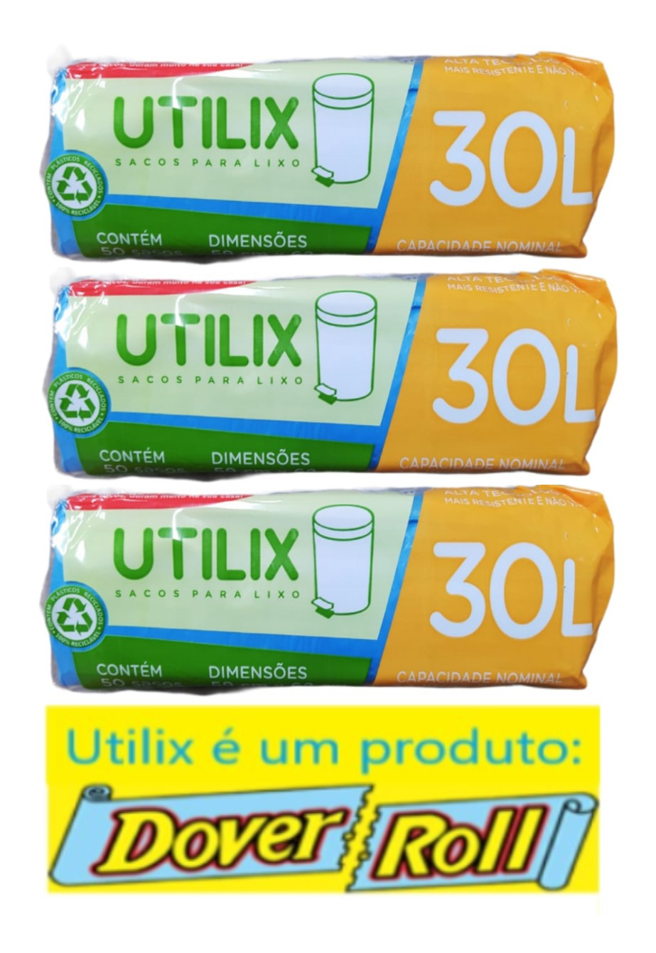 Sacos Para Lixo Utilix Dover Roll 30L Azul 50 Uni Kit Com 03