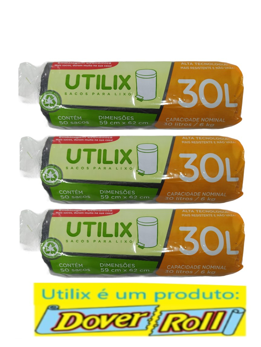 Sacos Para Lixo Utilix Dover Roll 30L Preto 50 Un Kit Com 03