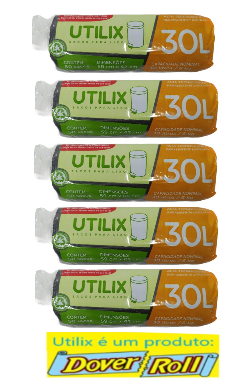 Sacos Para Lixo Utilix Dover Roll 30L Preto 50 Un Kit Com 05