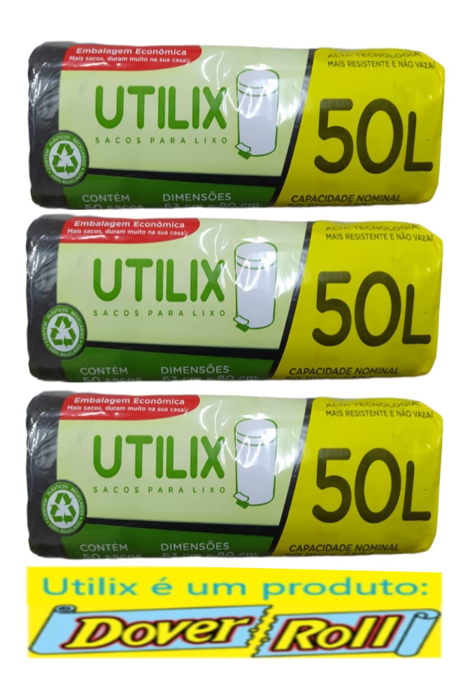 Sacos Para Lixo Utilix Dover Roll 50L Preto 50 Un Kit Com 03