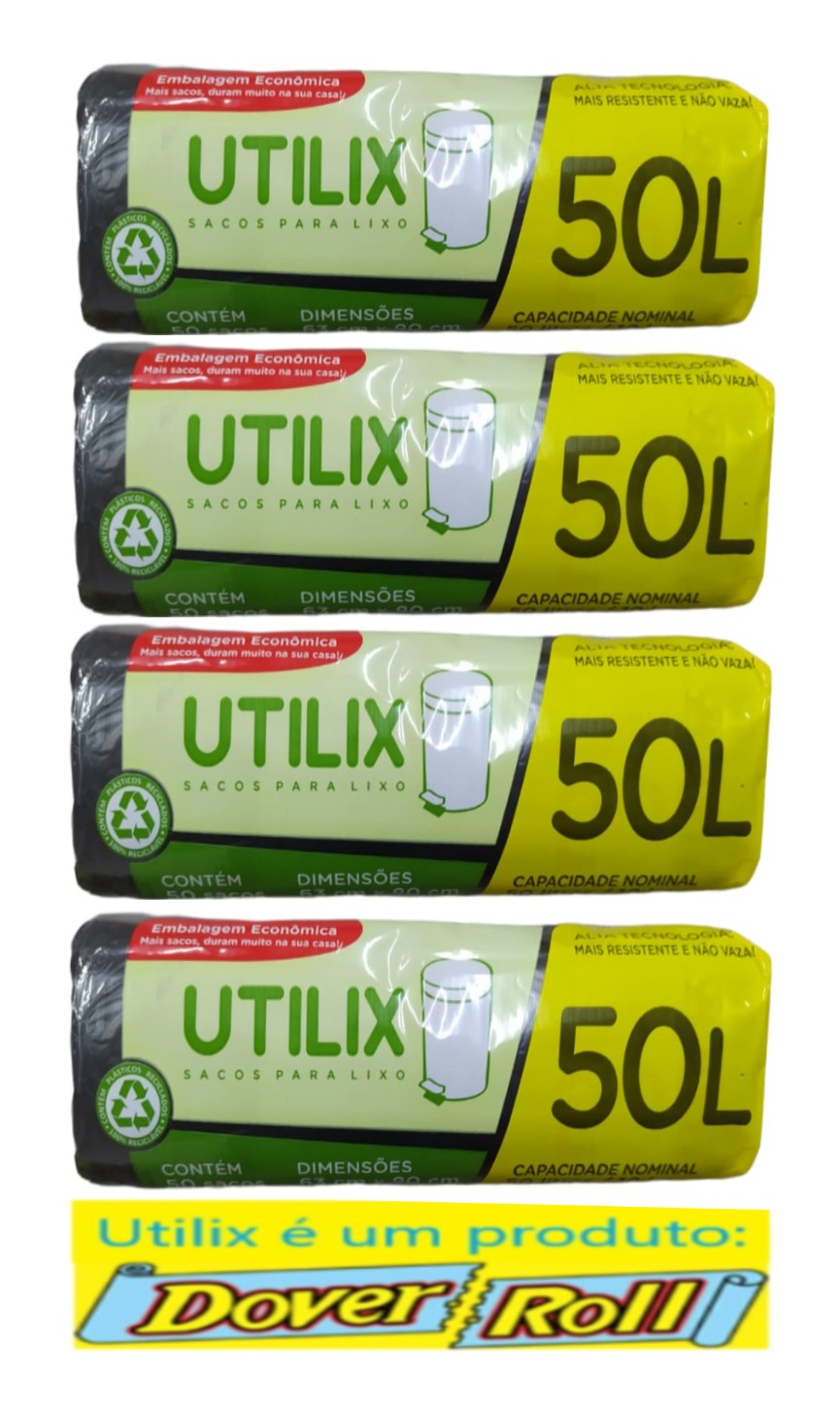 Sacos Para Lixo Utilix Dover Roll 50L Preto 50 Un Kit Com 04