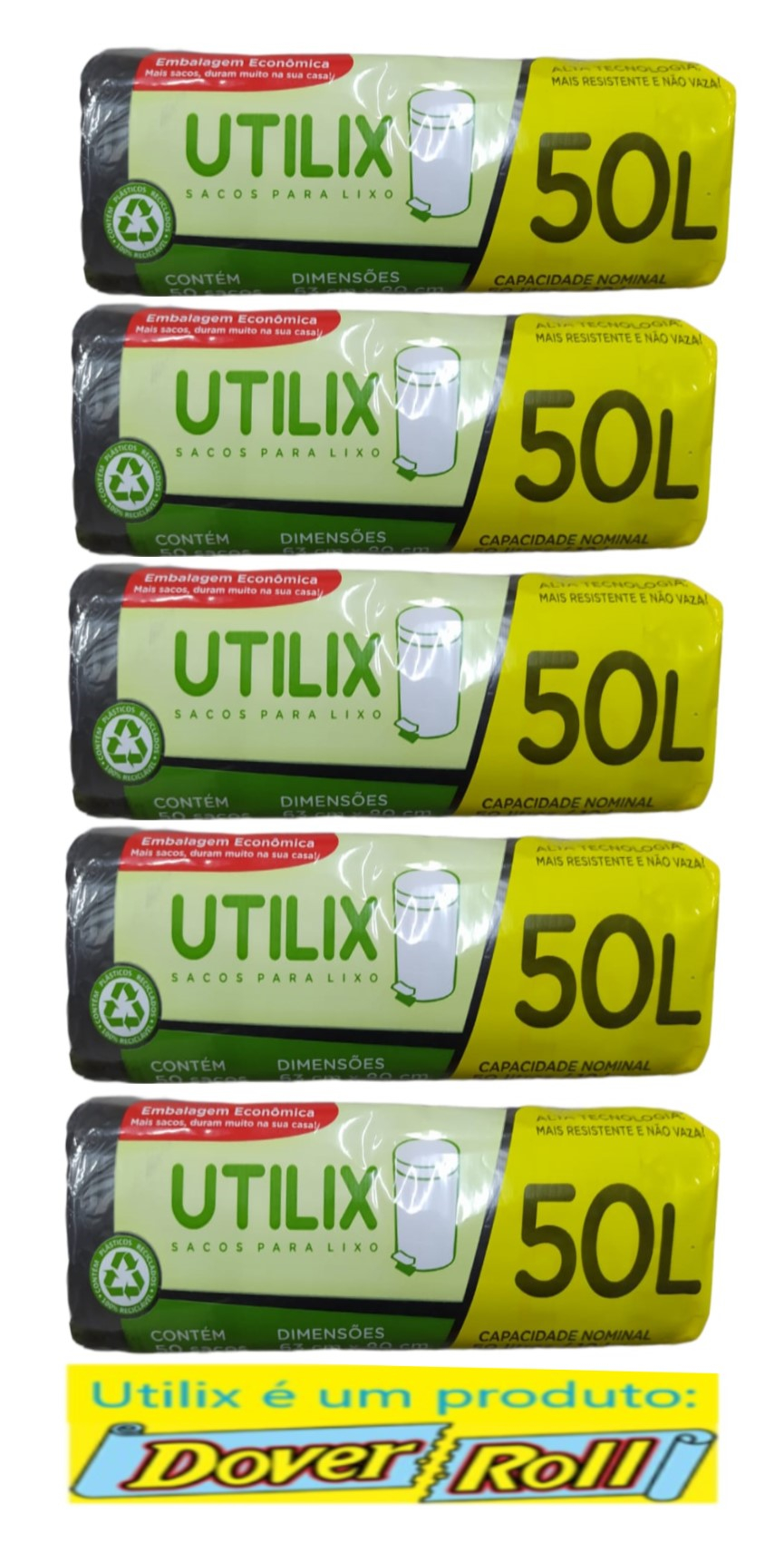 Sacos Para Lixo Utilix Dover Roll 50L Preto 50 Un Kit Com 05